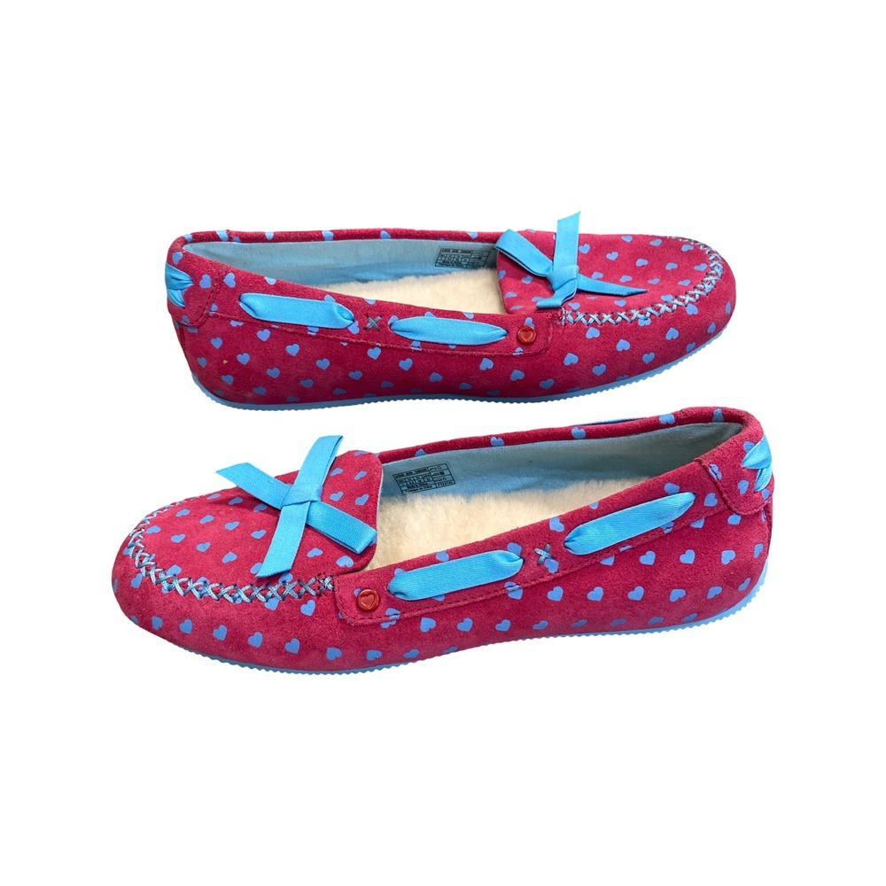 I Heart UGG Pink Suede Heart Print Moccasin Slippers Blue Bow Womens 7 Cute Cozy